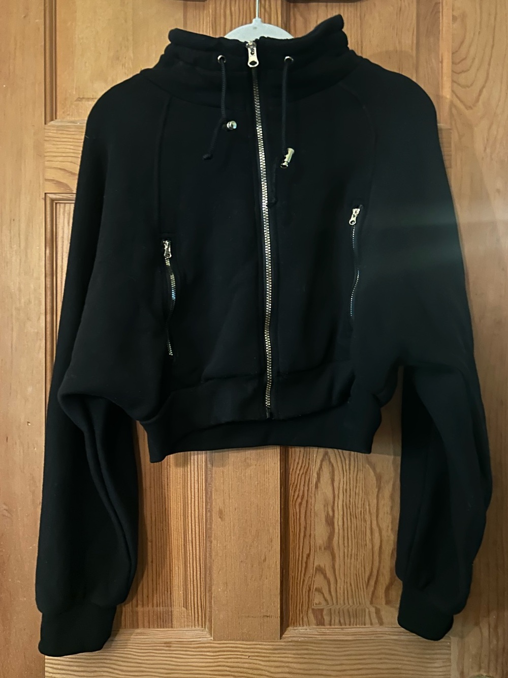 Fashion Nova Black Cropped Zip Hoodie with Gold Hardware
